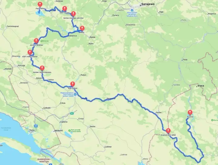 Trasa **samochodem do Czarnogóry** przez Bośnię i Hercegowinę, z zaznaczonymi punktami: Jezioro Blidinje, Mostar, a dalej w kierunku Plužine.