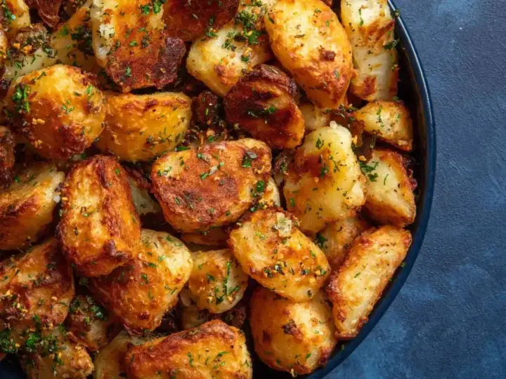 En skål med gyllene, råstekt potatis, krispiga och toppade med färsk persilja. Perfekt tillbehör!