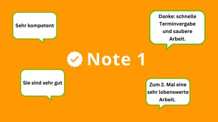 Note 1: "Sehr kompetent", "Sie sind sehr gut", "Danke: schnelle Terminvergabe und saubere Arbeit.", "Zum 2. Mal eine sehr lobenswerte Arbeit.