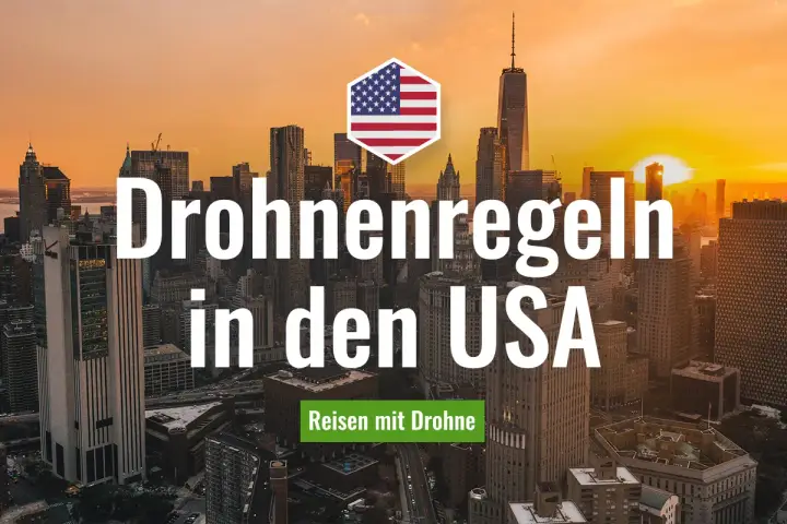 Drohnenregeln in den USA: Ein Hexagon mit US-Flagge über einer Skyline bei Sonnenuntergang. Reisen mit Drohne.