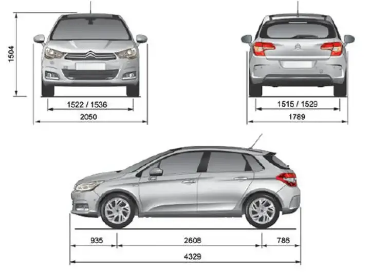 Schemat Citroen C4 z wymiarami: wysokość 1504 mm, szerokość przód 2050 mm, szerokość tył 1789 mm, długość 4329 mm.