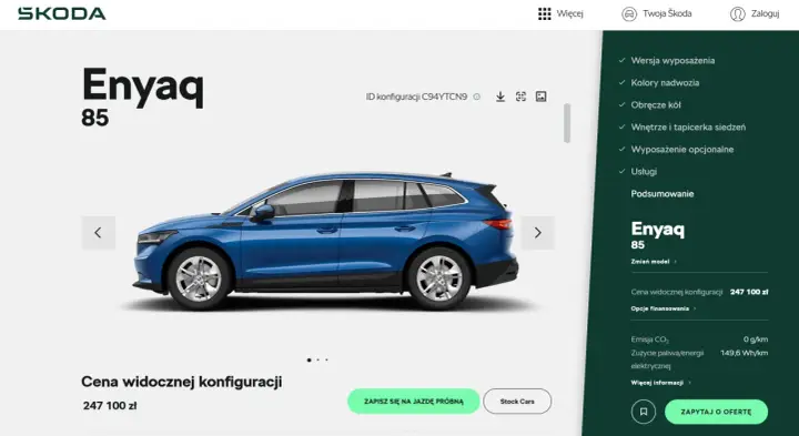 Niebieski Skoda Enyaq 85 na stronie konfiguratora. Cena widocznej konfiguracji to 247 100 zł.