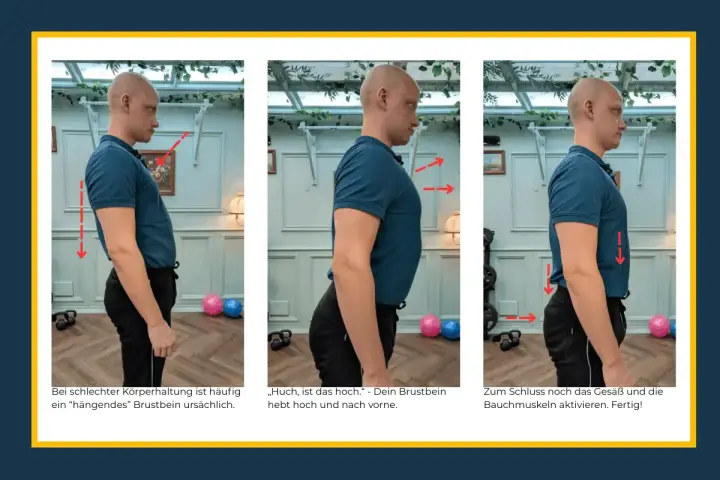 Mann korrigiert Haltung: Brustbein hoch, Bauch anspannen. Ein **growth mindset** hilft, schlechte Gewohnheiten zu überwinden und sich zu verbessern.