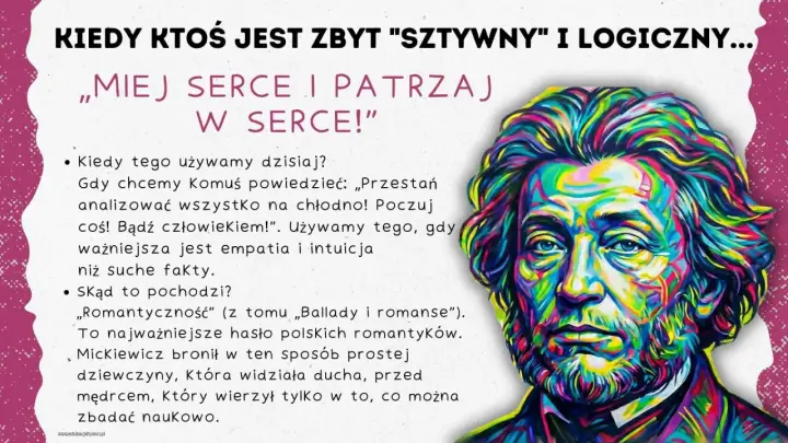 Kolorowy portret mężczyzny z hasłem „Miej serce i patrzaj w serce!”. Podkreśla wagę empatii nad logiką.