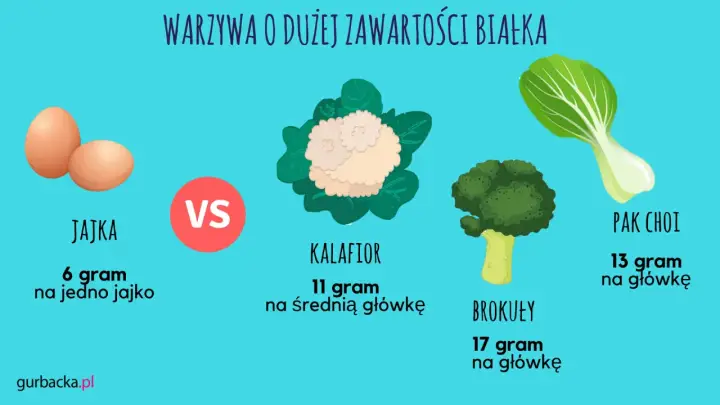 Gdzie jest najwięcej białka? Brokuły (17g/główkę), pak choi (13g/główkę), kalafior (11g/średnią główkę) i jajka (6g/jajko).