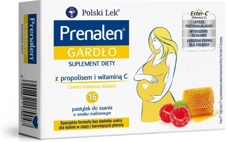 Prenalen Gardło - suplement diety z propolisem i witaminą C dla kobiet w ciąży. Pomaga złagodzić ból gardła, łagodna forma dla żołądka.