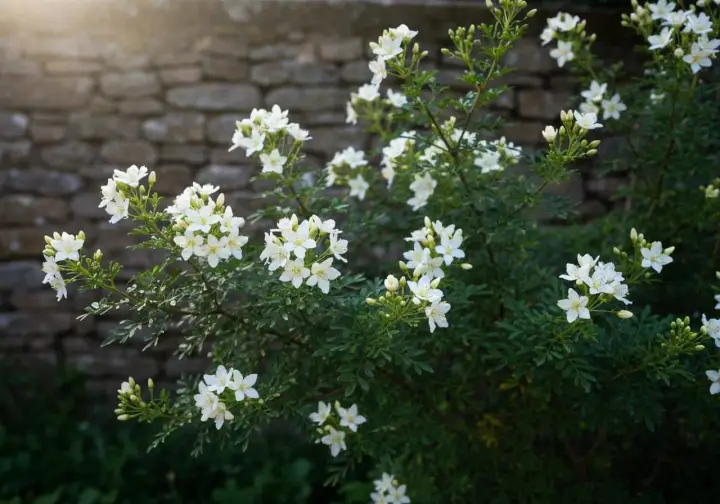 Oranger du Mexique en fleurs blanches, parfait avec des graminées ou des rosiers pour un jardin texturé.