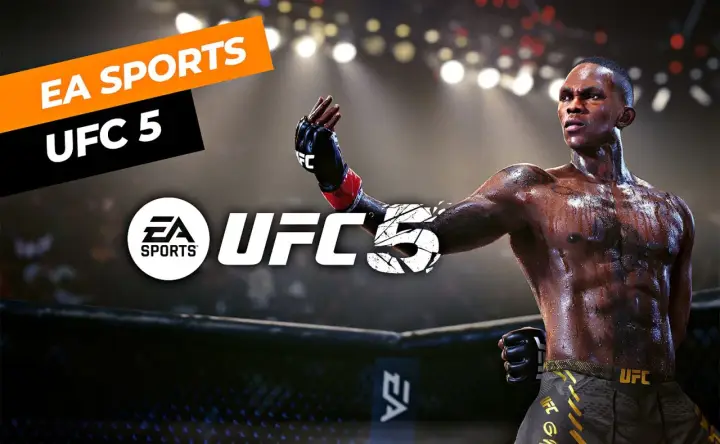 Zwycięski wojownik UFC na tle areny, logo EA SPORTS UFC 5.