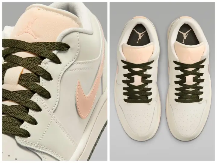 Beżowe sneakersy z brzoskwiniowymi detalami i zielonymi sznurówkami. Logo Jumpman na języku i wkładce. Czy Jordan to Nike? Tak, to ikona stylu.