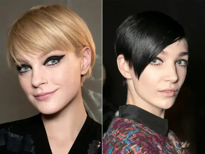 Pixie bob fryzura dla kogo? Dwie kobiety z krótkimi, nowoczesnymi fryzurami i wyrazistym makijażem oczu.
