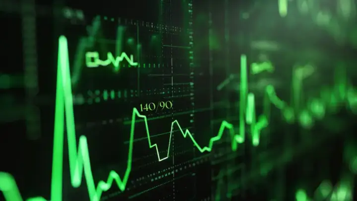 Zielony wykres EKG z wartością 140/90. Czy ciśnienie 145 na 95 jest dobre? To pytanie nurtuje wielu.