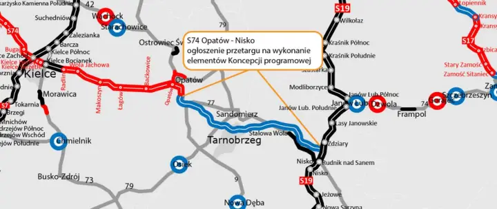 Mapa drogowa z zaznaczonymi trasami S74 Opatów - Nisko, S19 i S7. Widoczne miasta: Kielce, Ostrowiec Świętokrzyski, Sandomierz, Tarnobrzeg.