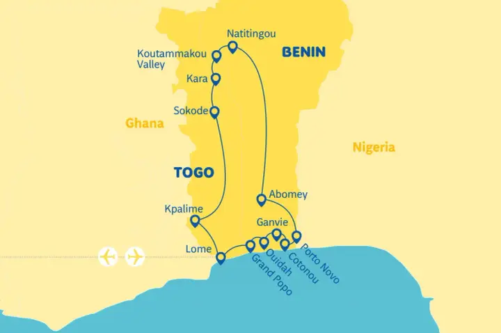Trasa podróży przez Benin, Togo i Ghanę. Mapa pokazuje miasta takie jak Natitingou, Kpalime, Lome, Ouidah, Cotonou i Porto Novo.
