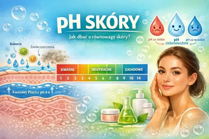 Ilustracja pokazuje warstwy skóry, skalę pH i kosmetyki. Dbanie o równowagę skóry to klucz do jej zdrowia.