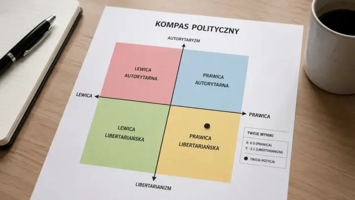 Kompas polityczny pokazuje cztery kwadranty: lewica autorytarna, prawica autorytarna, lewica libertariańska i prawica libertariańska. Twoja pozycja jest w prawicowym, libertariańskim reżimie.