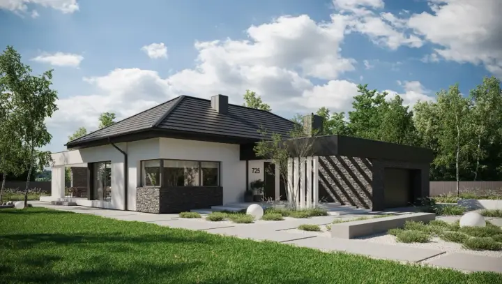 Nowoczesne projekty domów parterowych z poddaszem, z kamienną elewacją i dużymi przeszkleniami, otoczone zielenią.