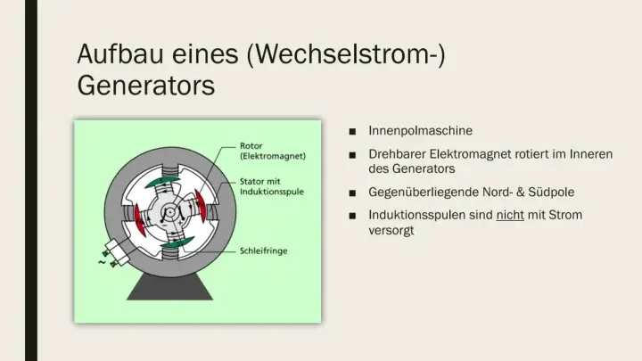 Schnittzeichnung des Generatoraufbaus: Rotor mit Elektromagnet, Stator mit Induktionsspulen und Schleifringen.