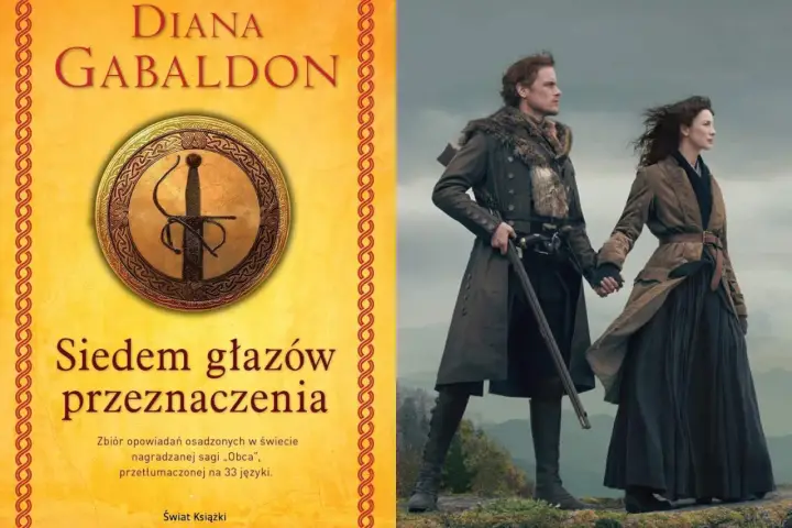 Okładka książki Diany Gabaldon "Siedem głazów przeznaczenia" i para z serialu "Outlander". Idealne dla fanów sagi Diana Gabaldon kolejność.