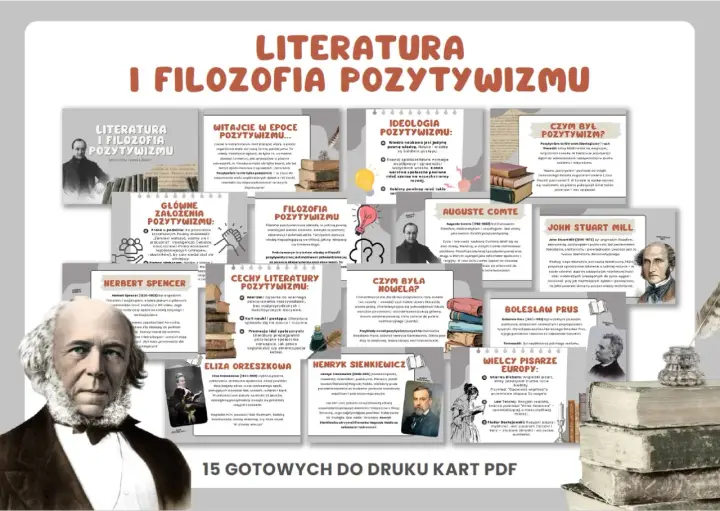 Ilustracja przedstawia karty pracy o pozytywizmie, ukazując jego główne założenia, cechy literatury i wielkich pisarzy. W tle widać portrety pisarzy, książki i pióra, symbolizujące epokę, w której dominował patriarchat.