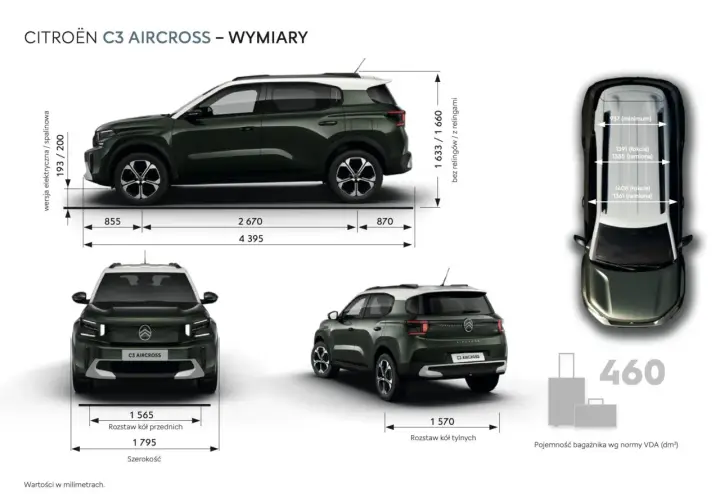 Citroën C3 Aircross wymiary: długość 4395 mm, szerokość 1795 mm, wysokość 1633/1660 mm. Rozstaw osi 2670 mm.