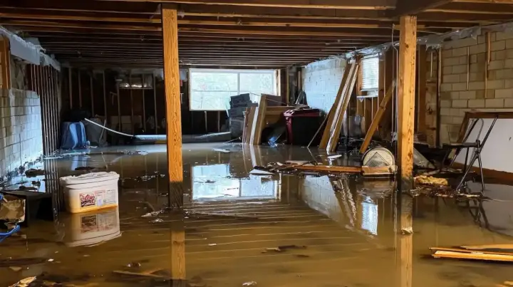 Un **garage inondé** avec de l'eau boueuse recouvrant le sol, des débris flottants et des matériaux de construction endommagés.