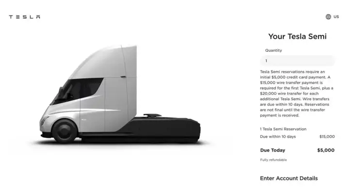 Il camion Tesla Semi, con un deposito iniziale di $5.000, mostra il prezzo e i dettagli di prenotazione.