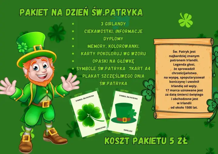 Zielony pakiet na Dzień Św. Patryka: skrzat, koniczyna, kapelusz, girlandy, ciekawostki, dyplomy, memory, kolorowanki, opaski. Symbole Św. Patryka.