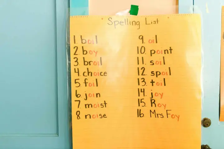 Lista słówek do nauki pisowni, zawiera słowa takie jak "boil", "joy", "oil". To **intermediate jaki to poziom** nauki angielskiego.