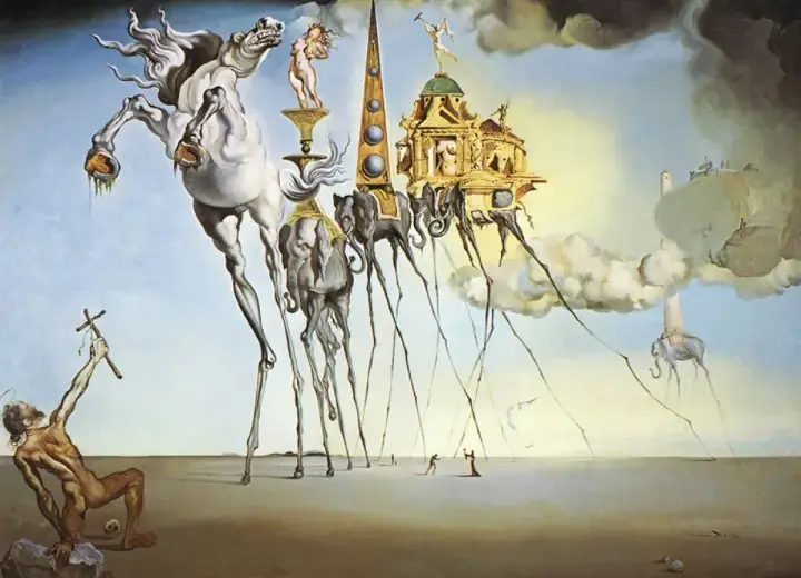 Surrealizm w czystej postaci: koń na szczudłach, słonie z długimi nogami, unoszące się budowle i postać z krzyżem.