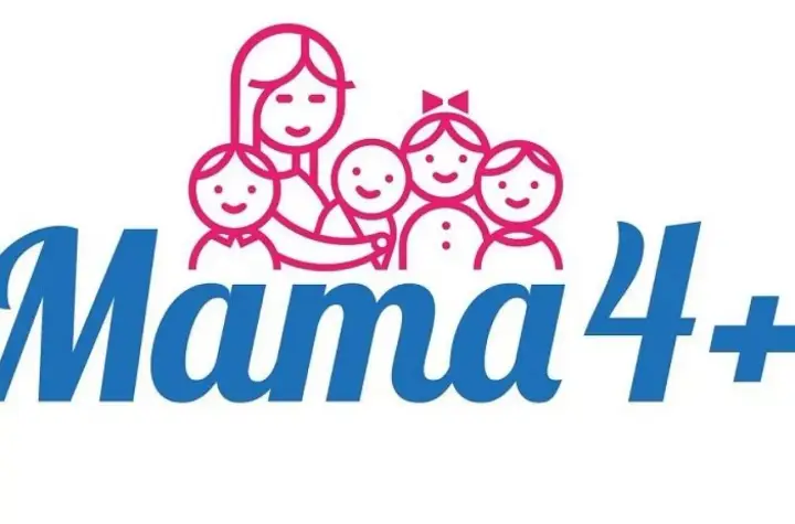 Mama 4+ - symbol rodziny z dziećmi, sugerujący korzyści dla rodziców, np. emerytura za 4 dzieci.