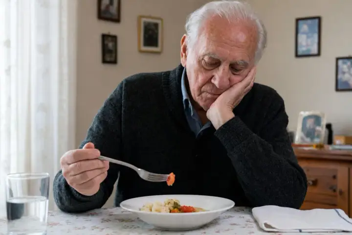 Anziano che non mangia quanto dura, con il cibo nel piatto e un bicchiere d'acqua.