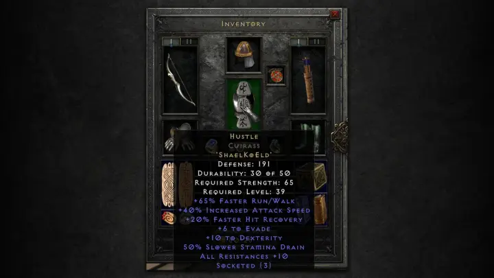 Zbroja "Hustle" z runami w Diablo 2. Szybkość, zwinność i odporność dla bohatera.
