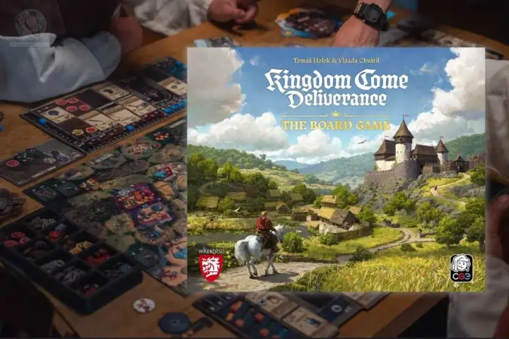Rebel zapowiedzi: plansza do gry Kingdom Come: Deliverance, zamek na wzgórzu, wioska i rycerz na koniu.