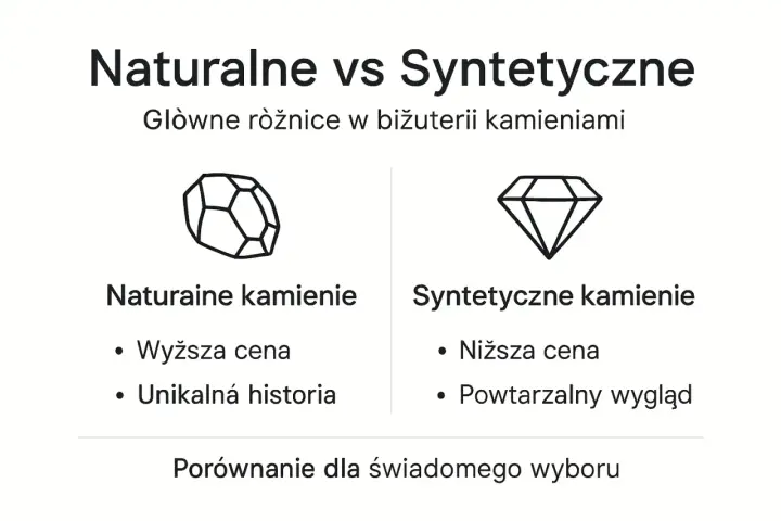 Porównanie naturalnych i syntetycznych kamieni: wyższa cena i unikalna historia vs niższa cena i powtarzalny wygląd.