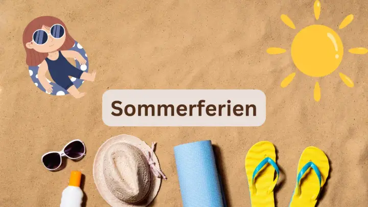 Sommerferien-Vorbereitung: Kind im Schwimmring, Sonnenbrille, Hut, Yogamatte, Flip-Flops und Sonnencreme. Welches Bundesland hat als erstes Sommerferien?