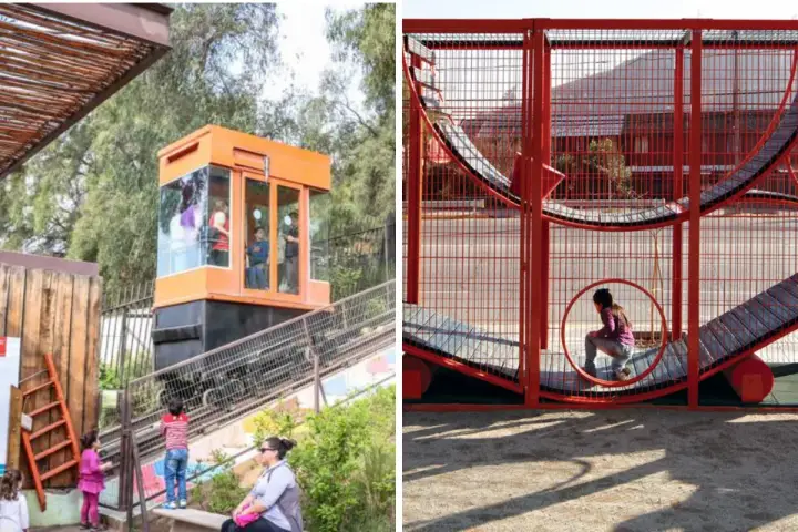 Un ascensor naranja transporta gente en Santiago, mientras una niña juega en una estructura roja.