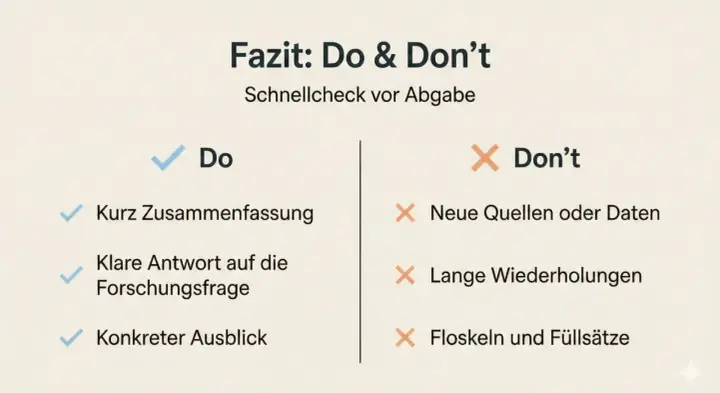 Der **Erzähler** zeigt eine Checkliste mit Do's und Don'ts für eine Abgabe: Kurzfassung, klare Antwort, Ausblick sind gut. Neue Quellen, Wiederholungen, Füllsätze sind schlecht.