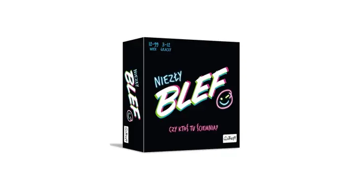 Pudełko gry karcianej "Niezły Blef". Czy ktoś tu ściemnia? Wiek graczy 3-12.