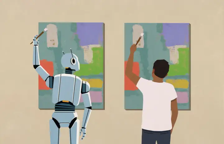 Robot i człowiek tworzą sztukę AI, malując abstrakcyjne obrazy obok siebie.