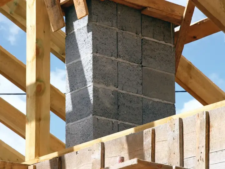 Budowa komina systemowego z bloczków betonowych, gotowego do podłączenia pieca. Drewniana konstrukcja dachu w tle.