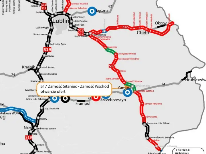 Mapa przebiegu drogi S17 od Zamościa Sitaniec do Zamościa Wschód, z zaznaczonym otwarciem ofert.