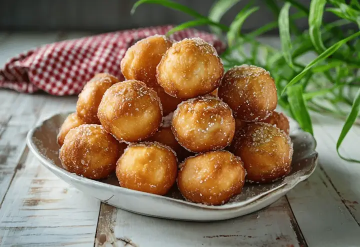 Montón de buñuelos de viento dorados y espolvoreados con azúcar, servidos en un plato blanco sobre una mesa de madera.