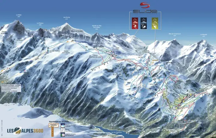 Mapa narciarska Les Deux Alpes z zaznaczonymi trasami, wyciągami i szczytami. Widok górski z lodowcami i jeziorami.