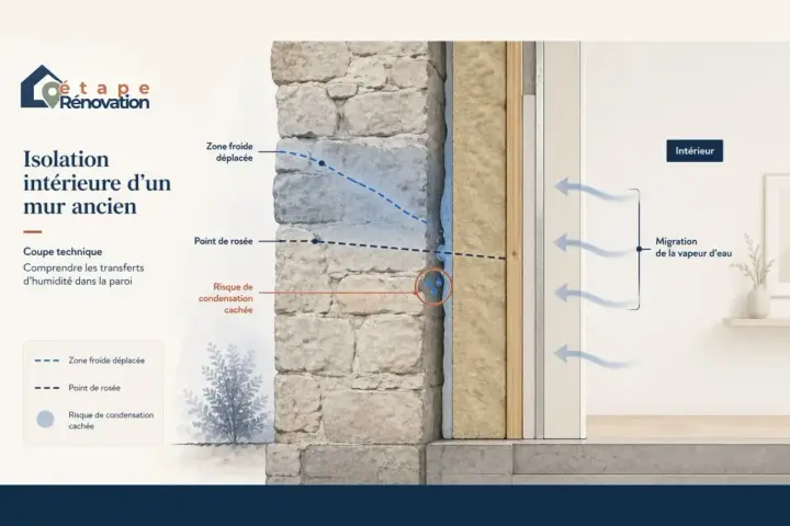Schéma d'isolation intérieure d'un mur ancien montrant le risque de condensation cachée et la migration de la vapeur d'eau.