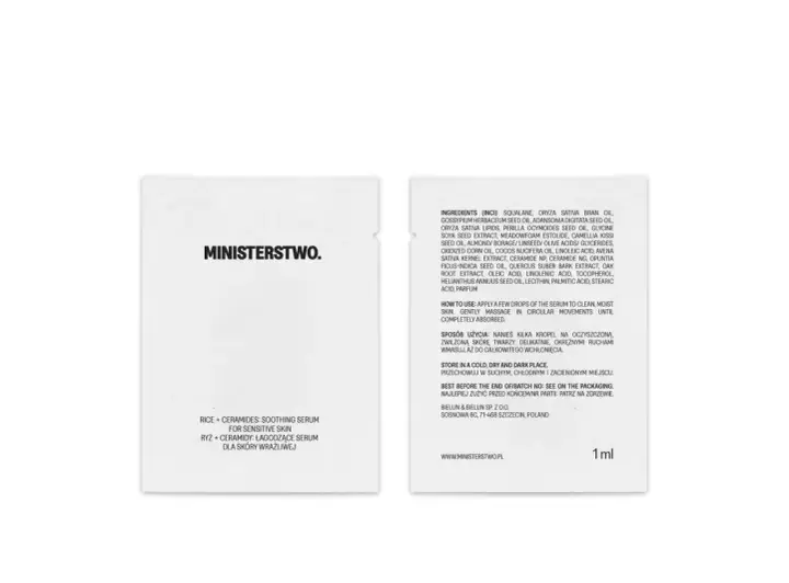 Biała saszetka z czarnym tekstem: logo "MINISTERSTWO.", nazwa produktu i skład.