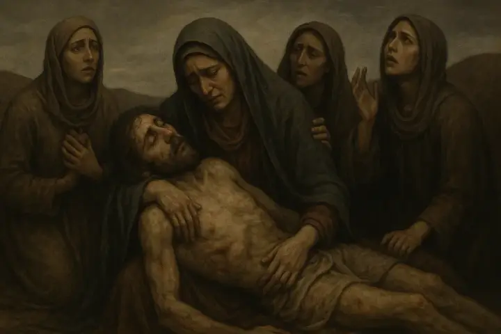 Smutek i rozpacz kobiet nad ciałem Chrystusa. Wzrok skierowany ku górze, jakby szukając pocieszenia w tym trudnym momencie. Lament świętokrzyski.