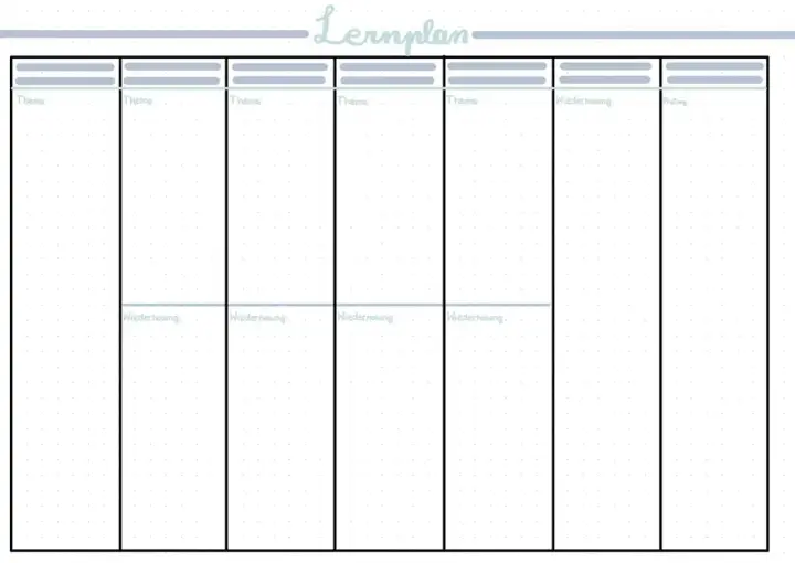 Leeres Raster zum Erstellen eines Lernplans mit Spalten für Themen, Wiederholung und Prüfung.
