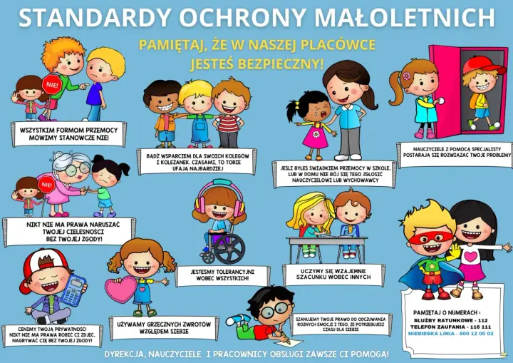 Plakat o standardach ochrony małoletnich: dzieci uczą się o bezpieczeństwie, tolerancji i szacunku. Nikt nie ma prawa naruszać ich prywatności ani cielesności bez zgody.