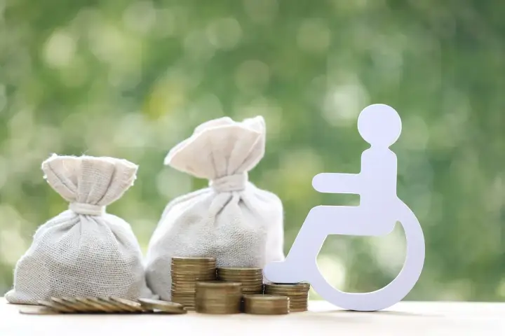 Symbol osoby na wózku obok worków z pieniędzmi i monet. Tabela świadczenie wspierające 2026.