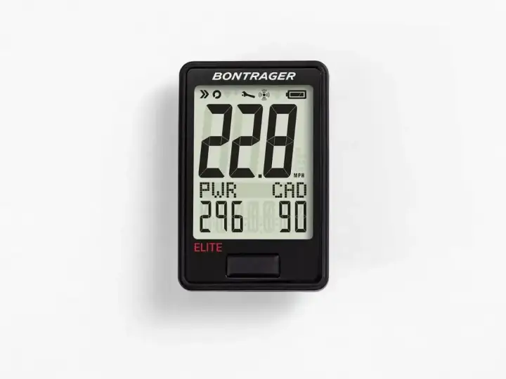 Elektroniczny licznik rowerowy Bontrager Elite z wyświetlaczem prędkości 22.8 MPH, mocy 29.6 i kadencji 90. Obsługuje ANT+.